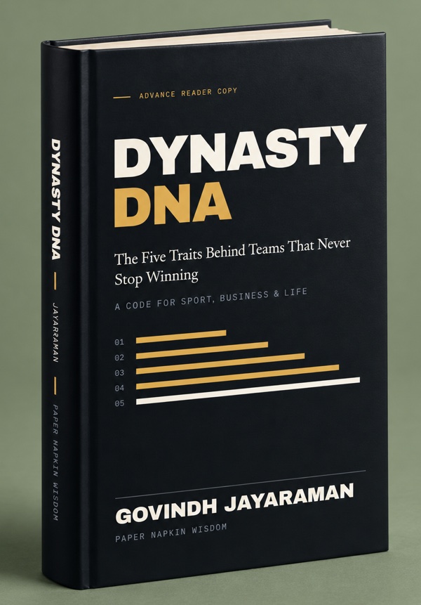 The Dynasty DNA hardcover, standing. The title in cream and gold on near-black, the subtitle The Five Traits Behind Teams That Never Stop Winning, and five numbered bars growing longer, four gold and the last one cream.