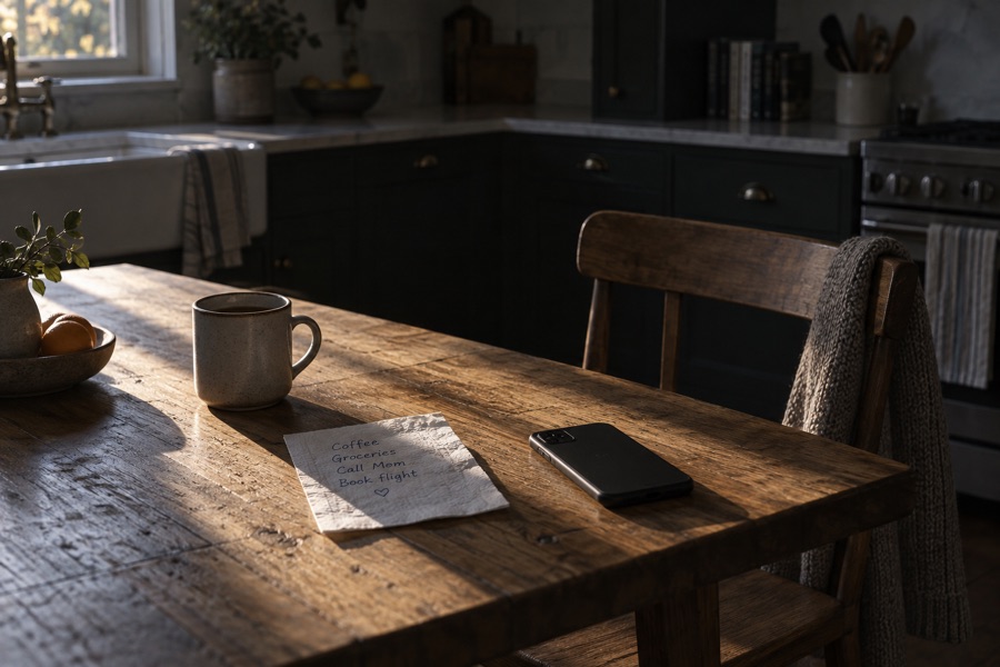 A kitchen table early in the morning, a mug, a phone face down, a napkin with a short list.